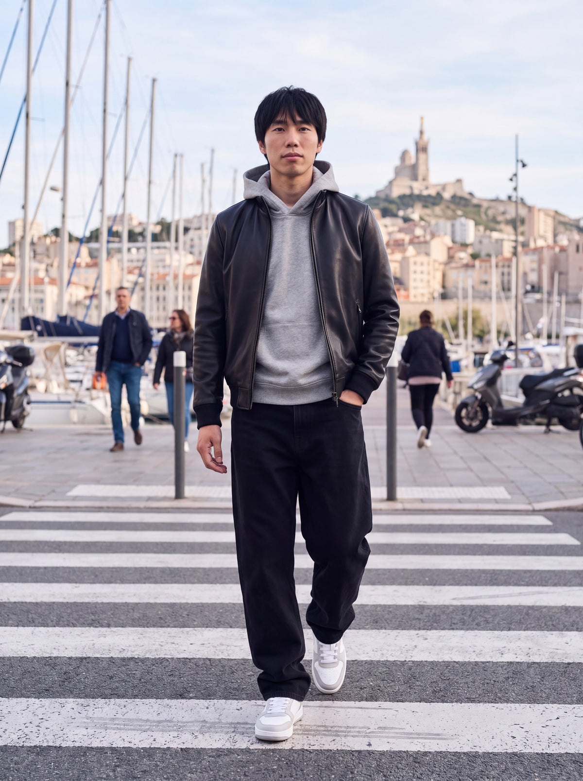 Bomber Varenne en cuir d'agneau noir col montant porté au Vieux-Port de Marseille