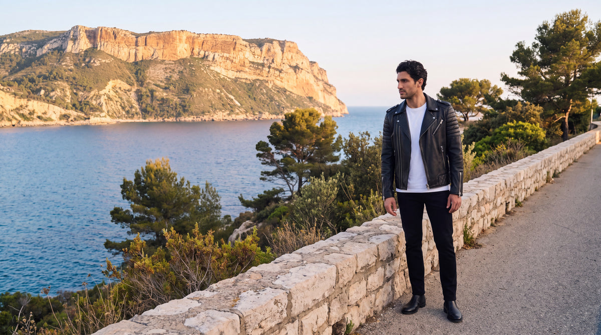 Perfecto Varenne en cuir d'agneau matelassé noir porté sur la route des Crêtes, face au Cap Canaille, près de Marseille