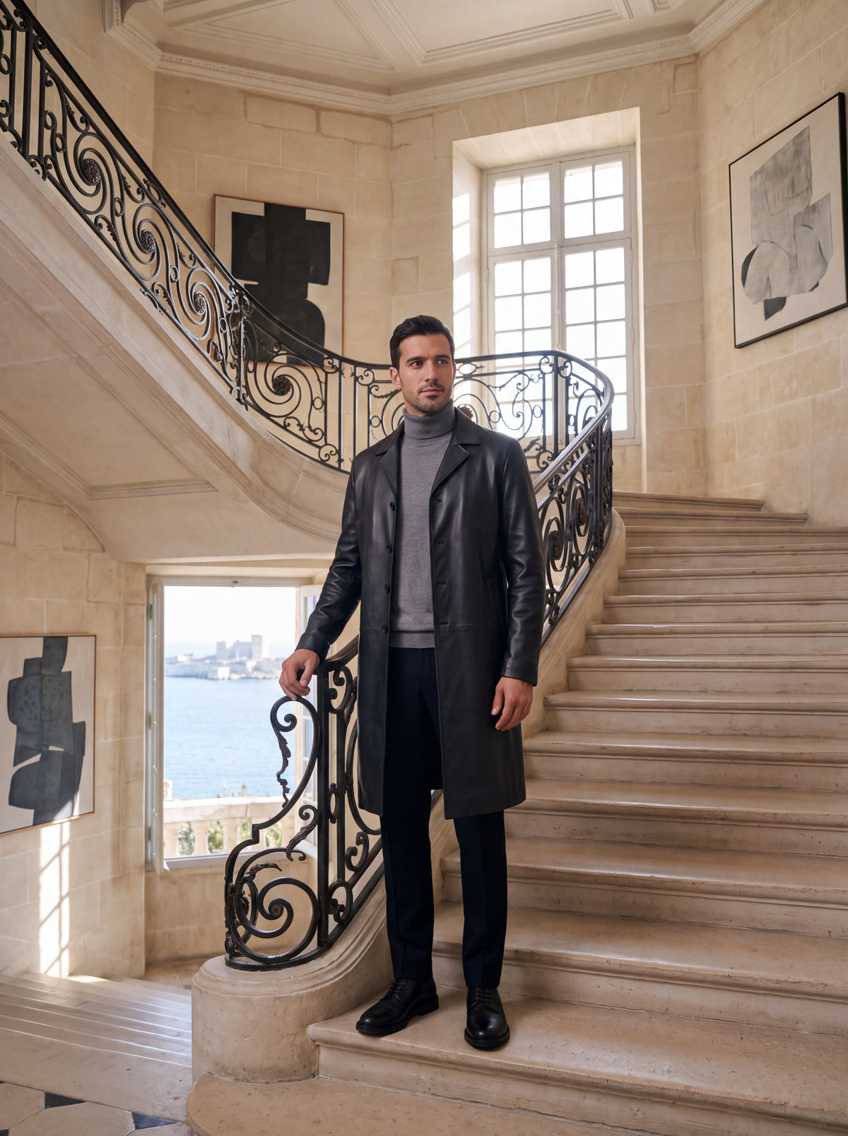 Manteau OSCAR long Varenne en cuir d'agneau noir porté dans l'entrée d'une bastide marseillaise