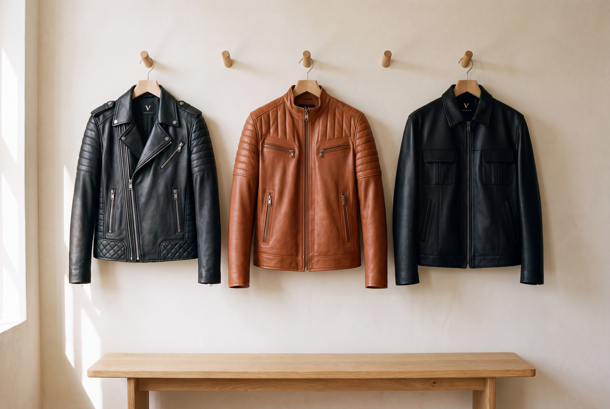Perfecto noir, Racer cognac et veste-chemise noire Varenne suspendus à des patères en chêne