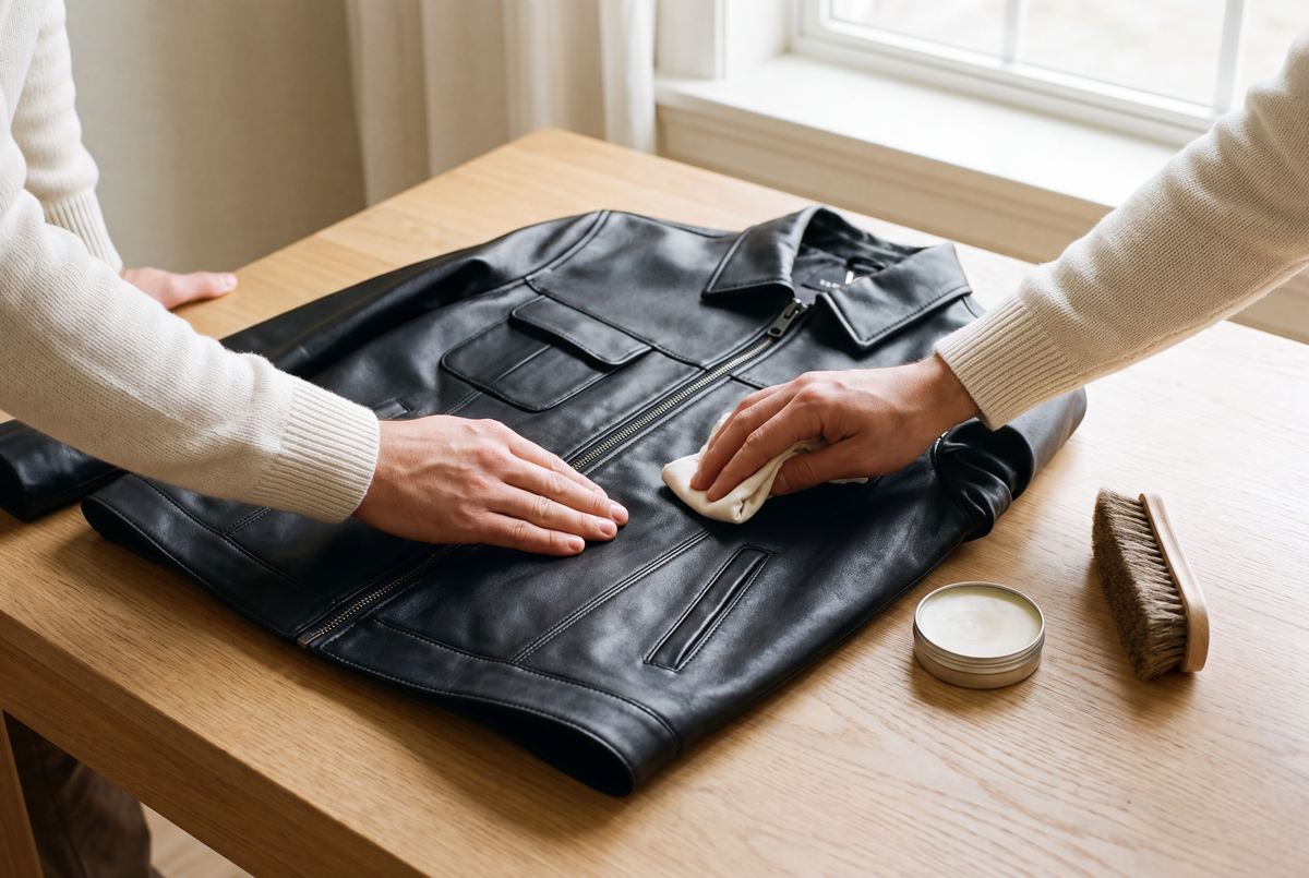 Entretien d’une veste-chemise en cuir d’agneau noir avec un baume et un chiffon en coton