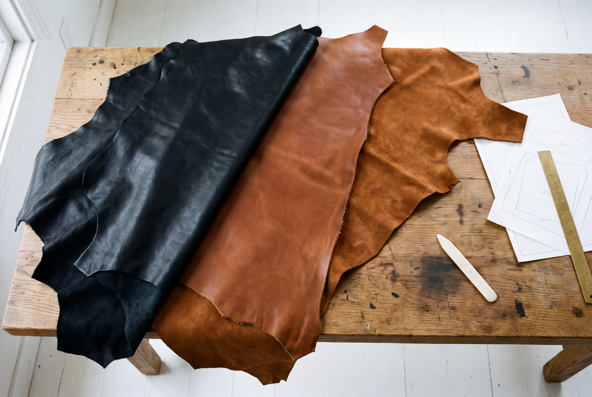 Peaux de cuir d’agneau noir, de vachette marron et de daim cognac posées sur un établi d’atelier