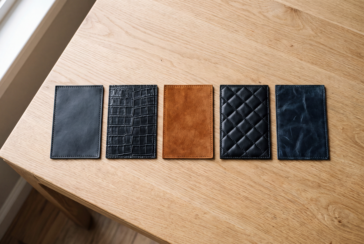 Cinq échantillons de cuir : lisse noir, effet croco noir, daim cognac, matelassé noir et bleu nuit patiné