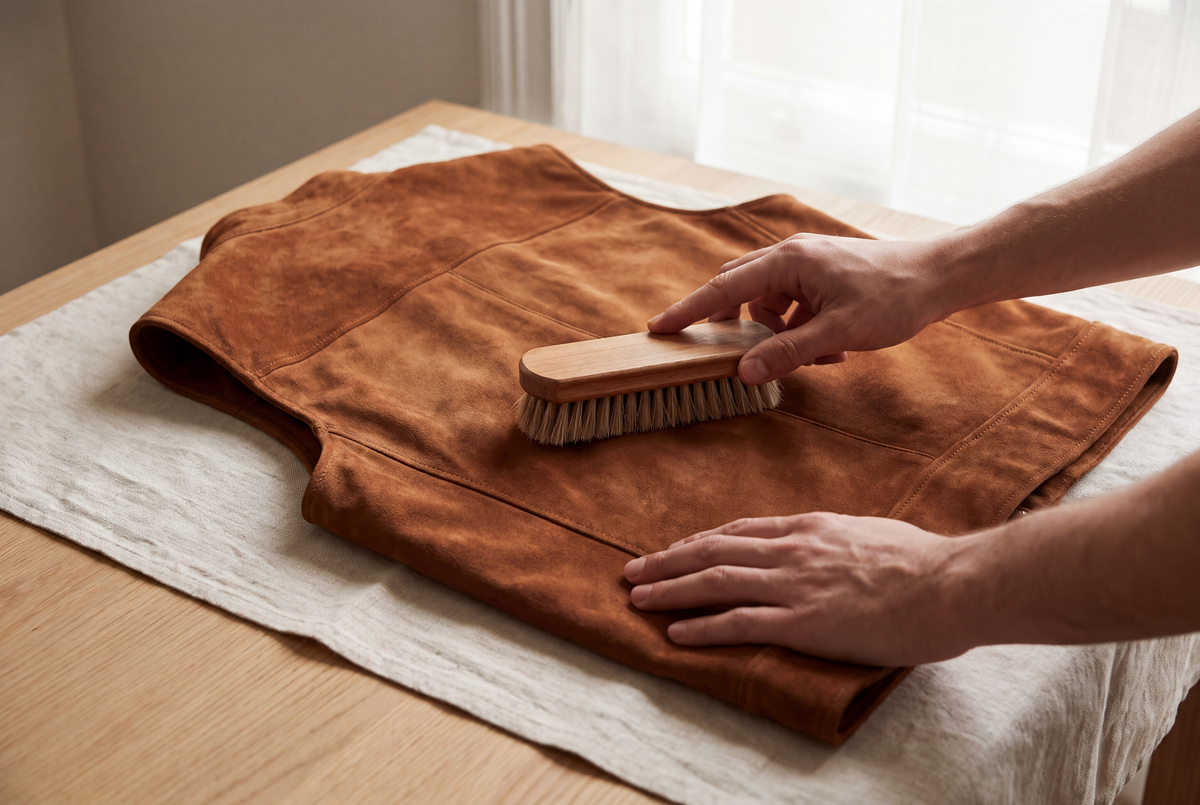 Brossage d’un gilet en daim cognac avec une brosse à daim en bois
