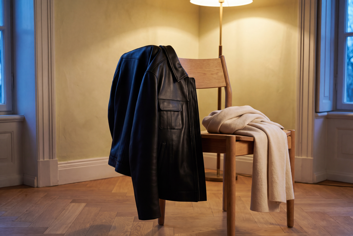 Veste-chemise Varenne en cuir d’agneau noir posée sur une chaise en chêne avec une écharpe en laine écrue, un soir d’hiver