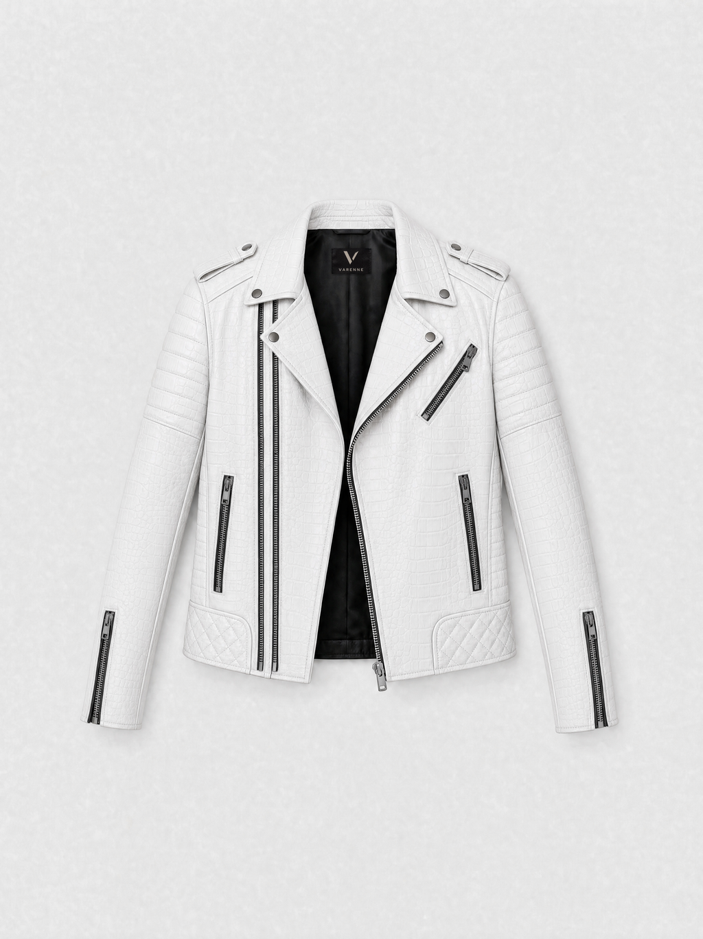 Men's white croc-effect lambskin biker jacket, front view