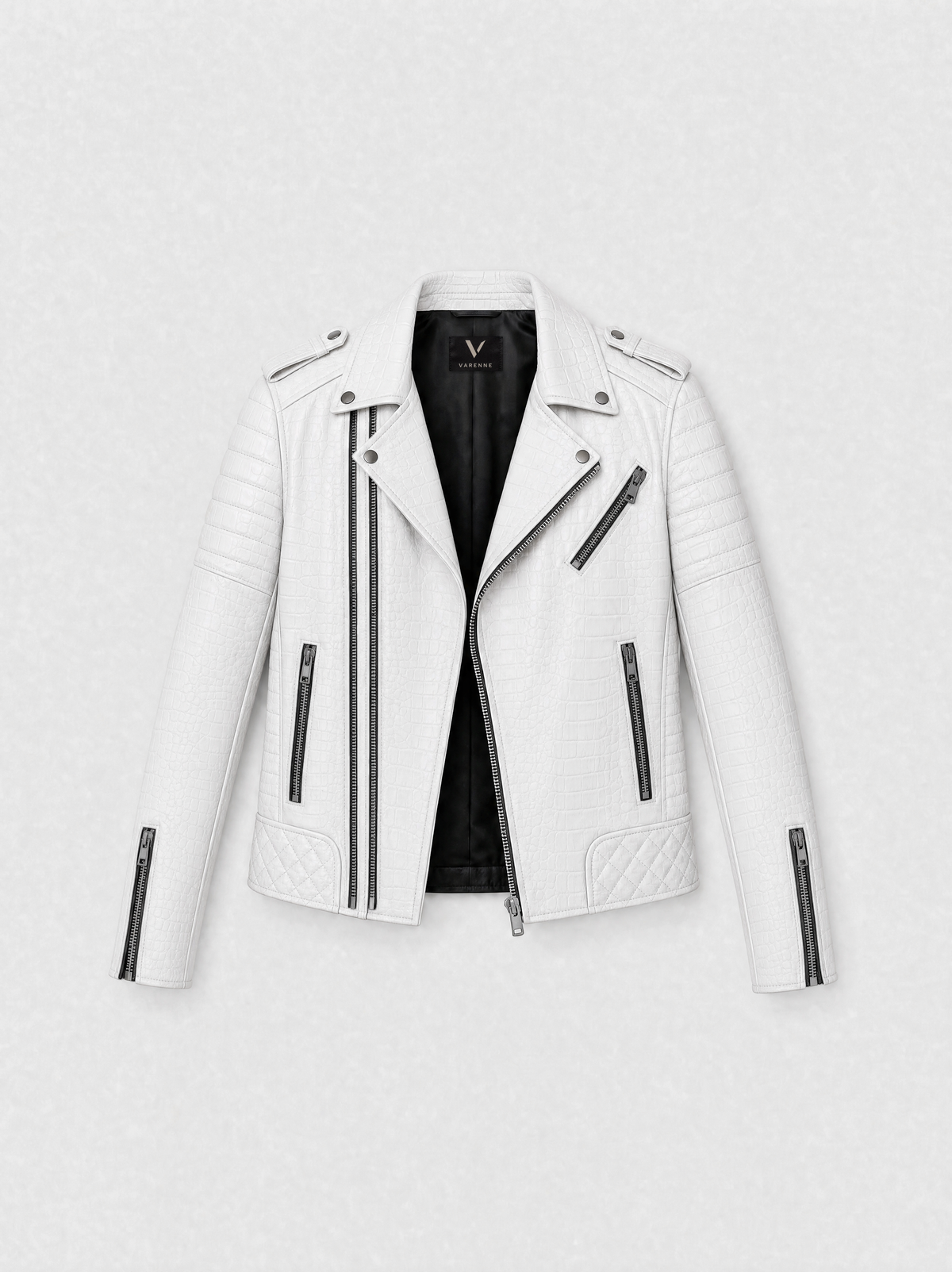 Perfecto Varenne en cuir d'agneau blanc effet croco, vue de face