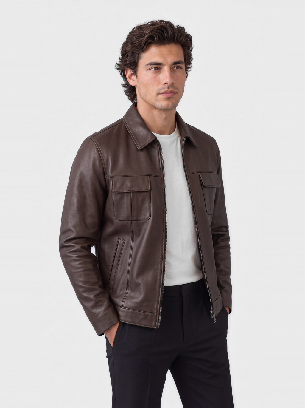 Men's smooth chocolate lambskin leather overshirt, worn with hands in pockets