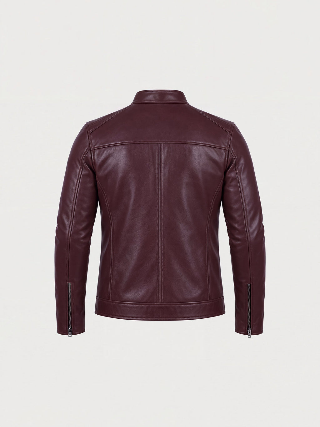 Men's burgundy cowhide leather jacket, back view