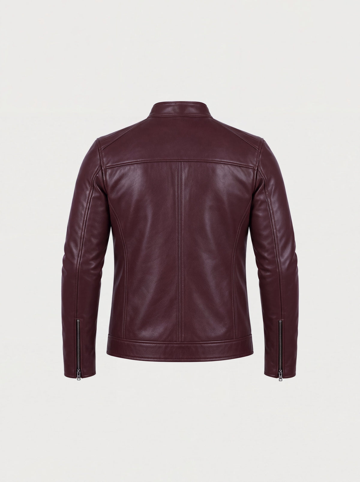Men's burgundy cowhide leather jacket, back view