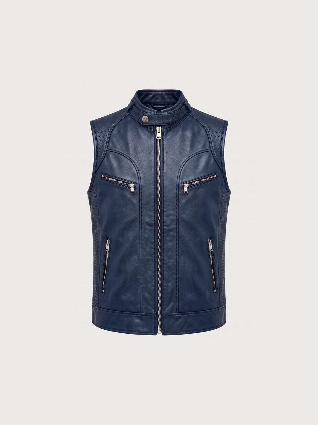 Gilet Racer en cuir bleu nuit Maison Varenne, vue de face