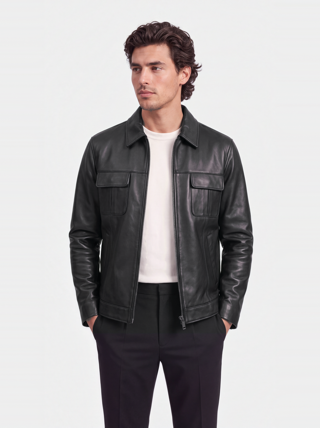 Men's smooth black lambskin leather overshirt, worn with hands in pockets