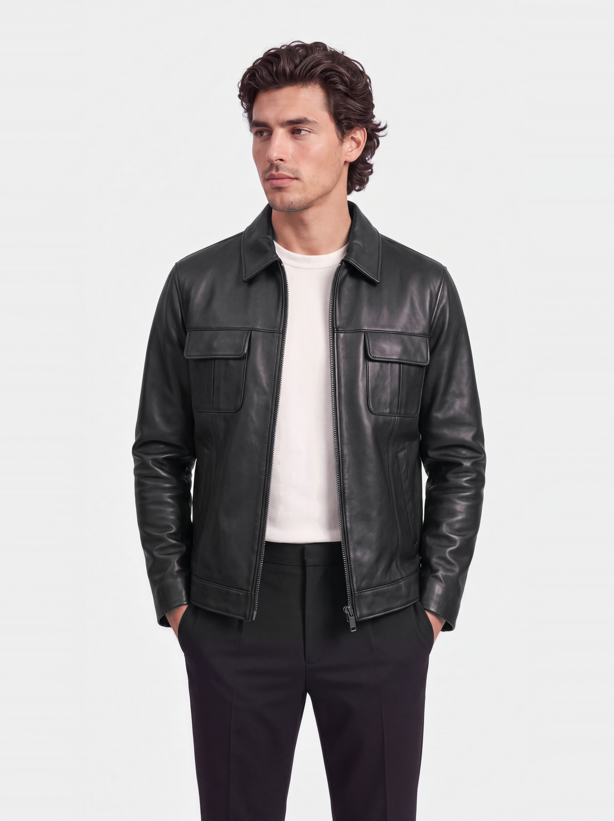 Veste-chemise Varenne en cuir d'agneau noir lisse, portée mains dans les poches
