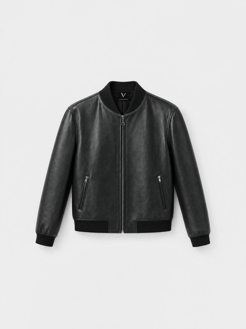 Men's smooth black lambskin leather bomber jacket, ribbed crew collar, front view