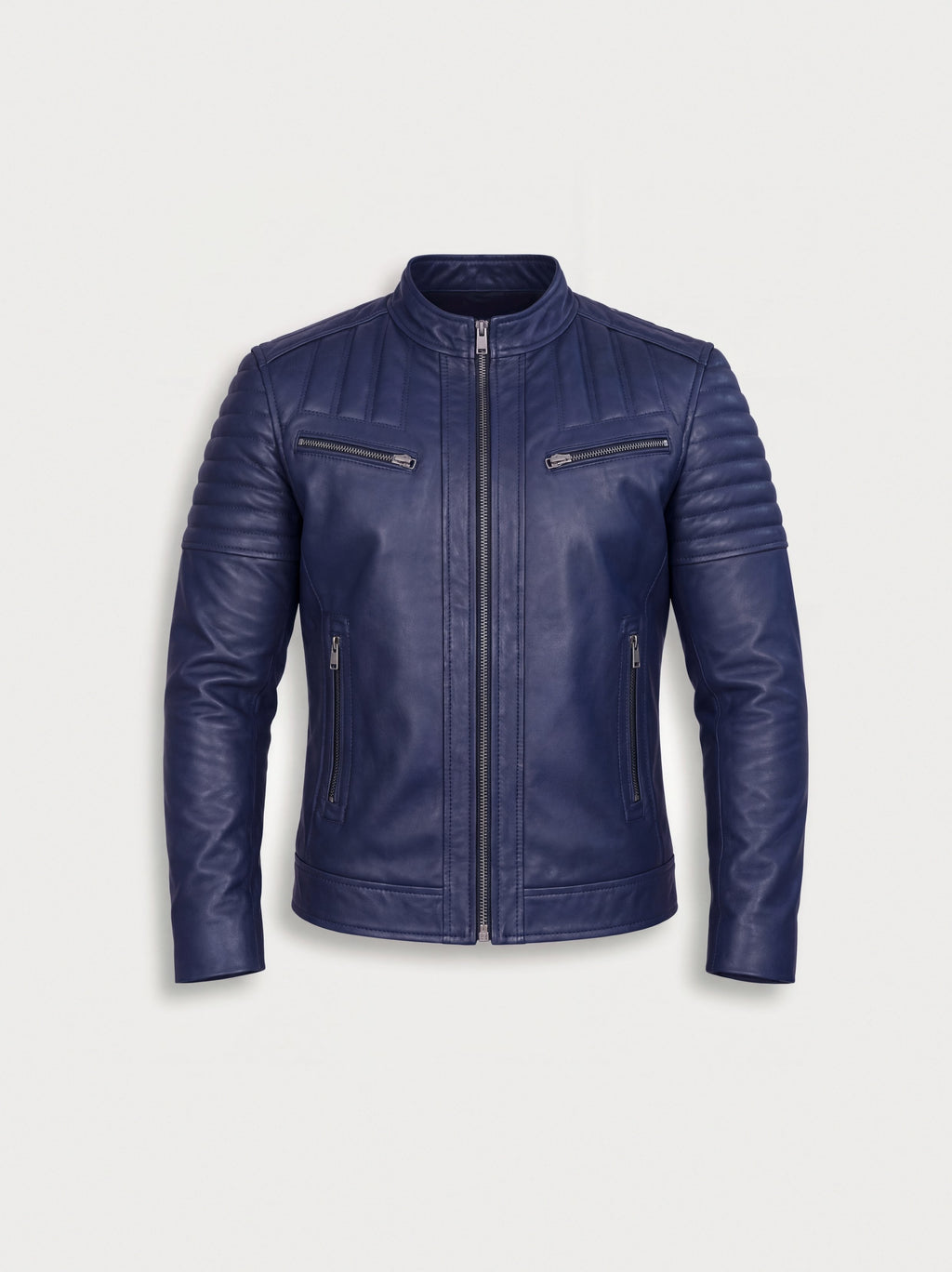 Men's navy quilted lambskin racer jacket, front view
