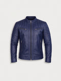 Men's navy quilted lambskin racer jacket, front view