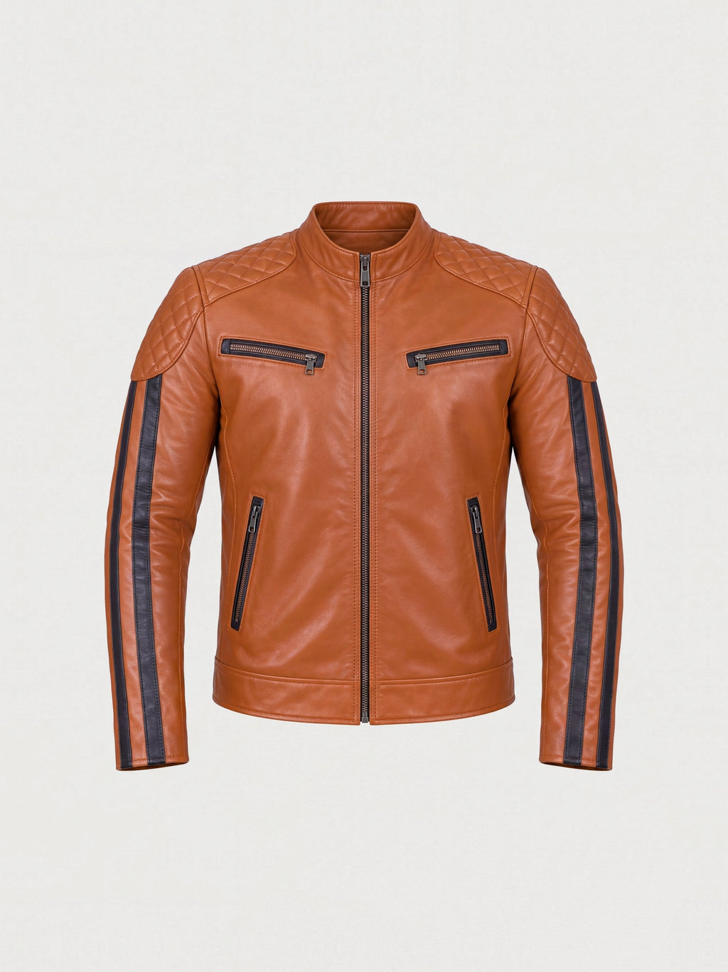 Men's cognac striped lambskin racer jacket, front view