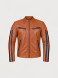 Men's cognac striped lambskin racer jacket, front view
