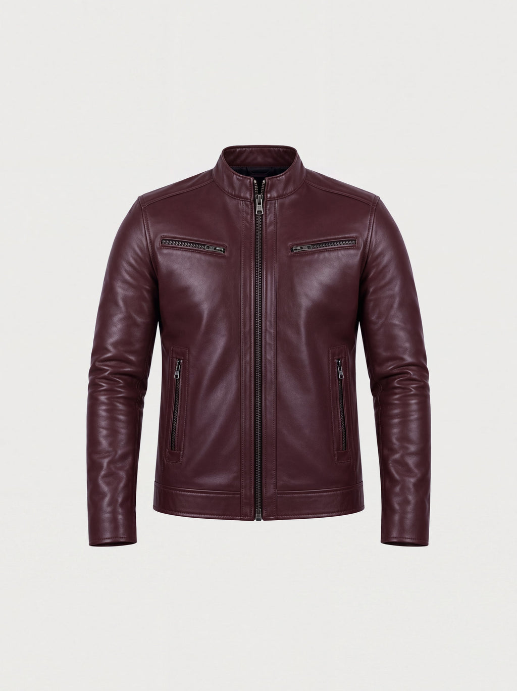 Men's burgundy cowhide leather jacket, front view