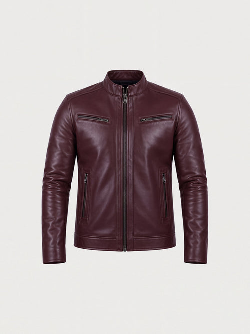Blouson Varenne en cuir de vachette bordeaux, vue de face