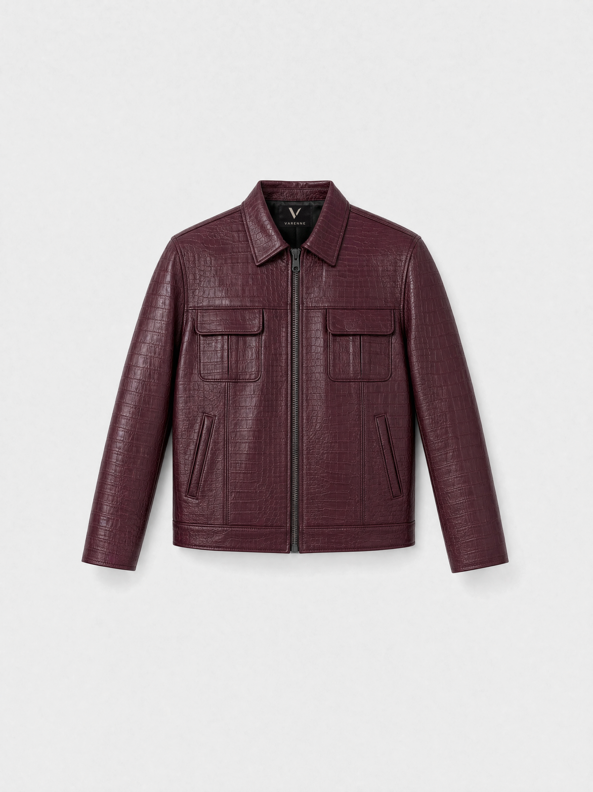 Veste-chemise Varenne en cuir d'agneau bordeaux effet croco, vue de face