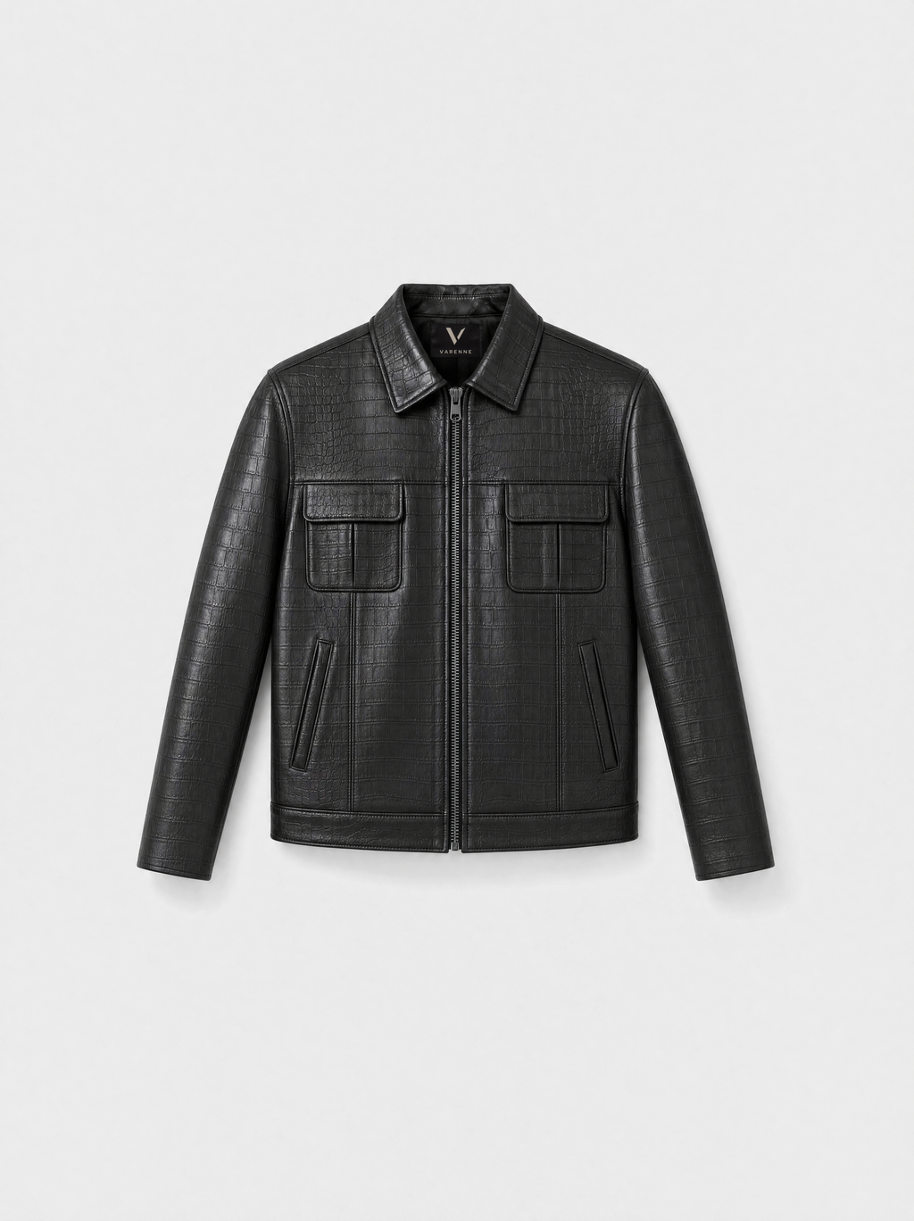 Men's black croc-effect lambskin leather overshirt, front view