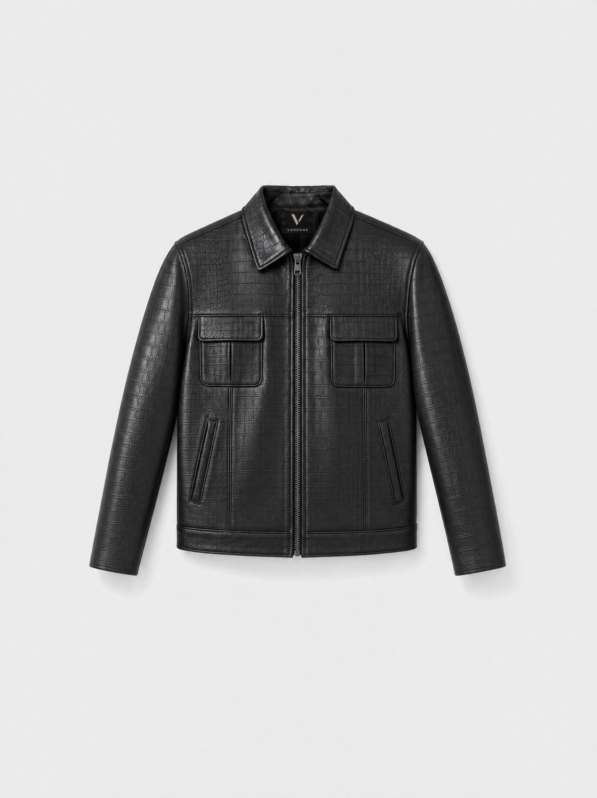 Veste-chemise Varenne en cuir d'agneau noir effet croco, vue de face