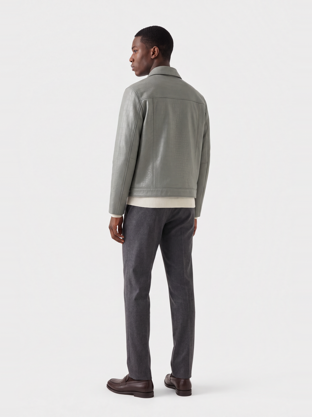 Men's sage croc-effect lambskin leather overshirt, worn, back view