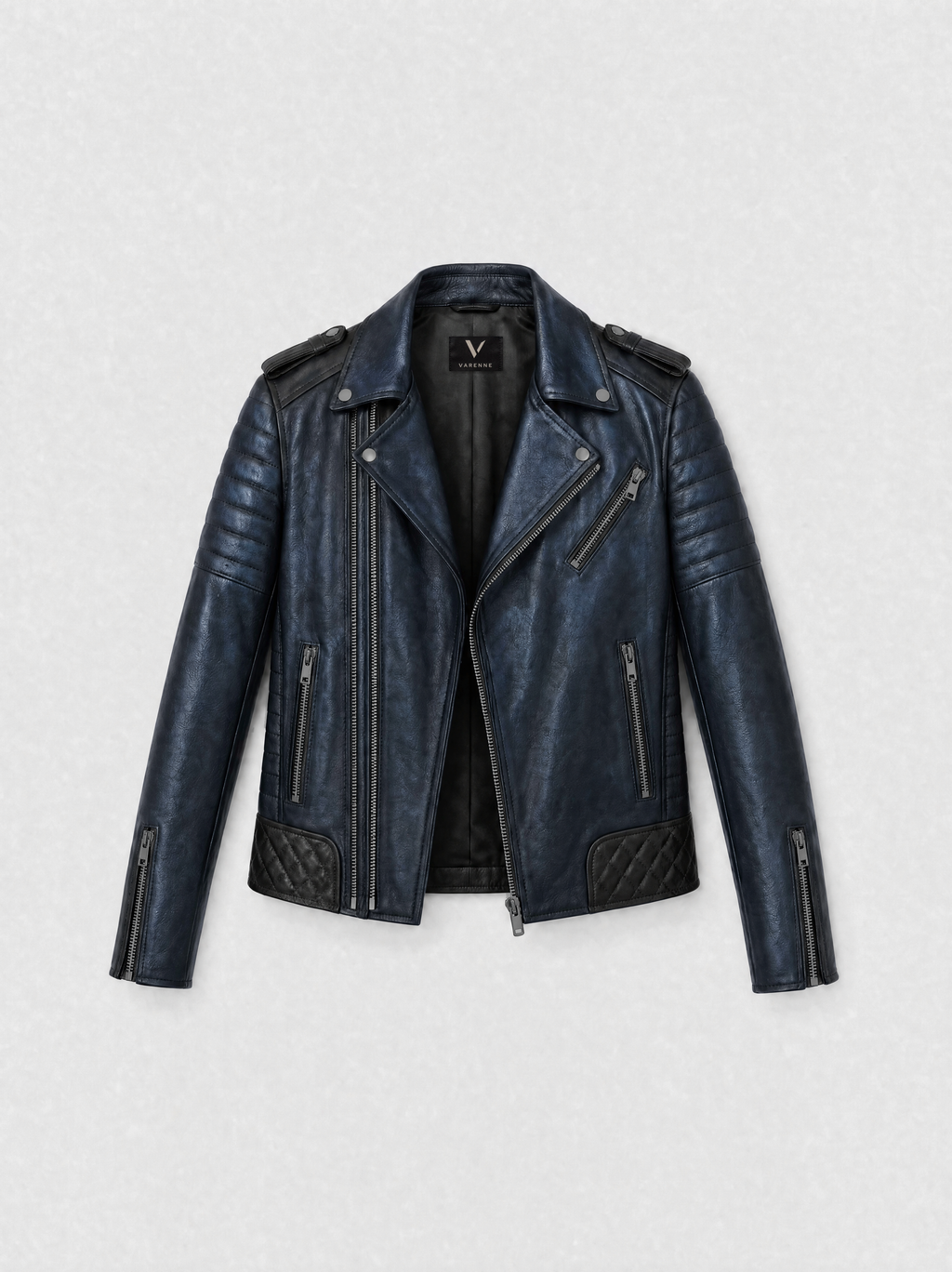 Men's patinated midnight blue lambskin biker jacket, front view