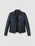 Men's patinated midnight blue lambskin biker jacket, front view