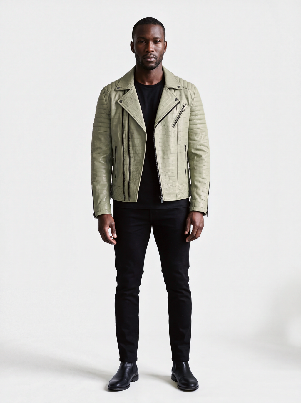 Men's sage croc-effect lambskin biker jacket, worn by a model