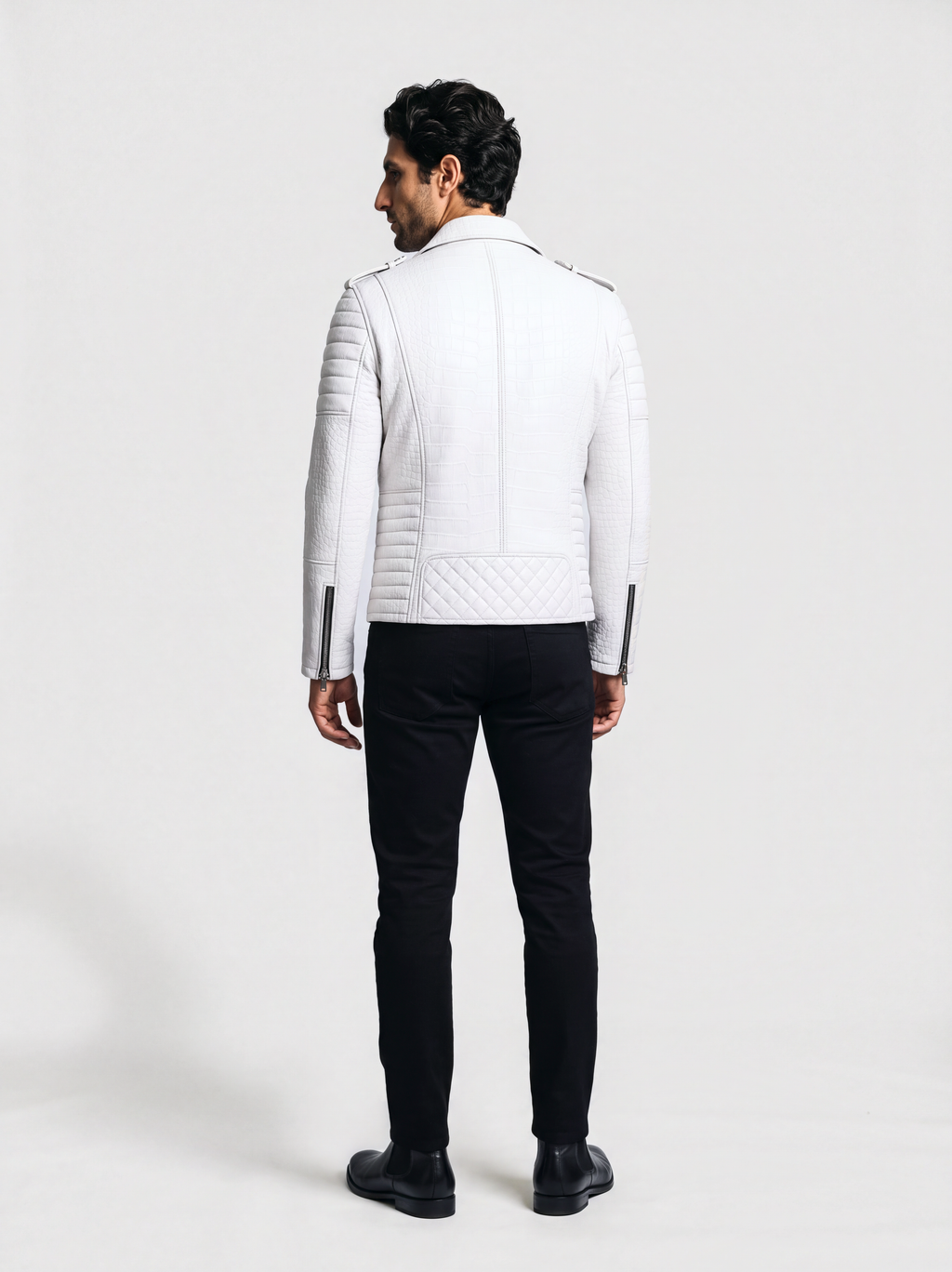 Men's white croc-effect lambskin biker jacket, worn, back view