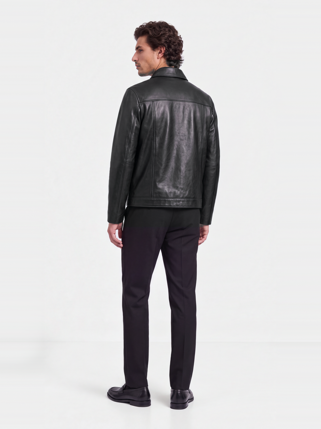 Men's smooth black lambskin leather overshirt, worn, back view