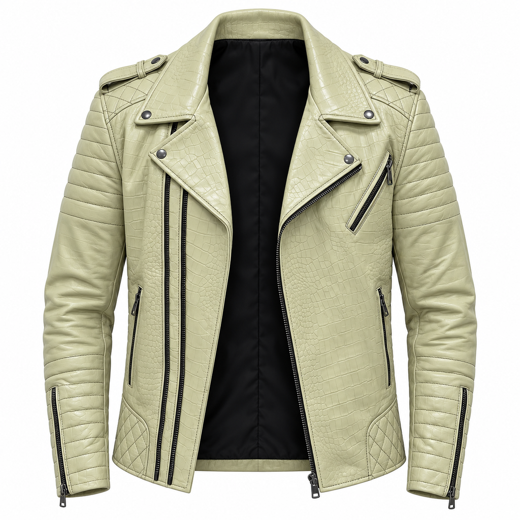 Perfecto Matelassé — Sauge croco — veste en cuir Maison Varenne