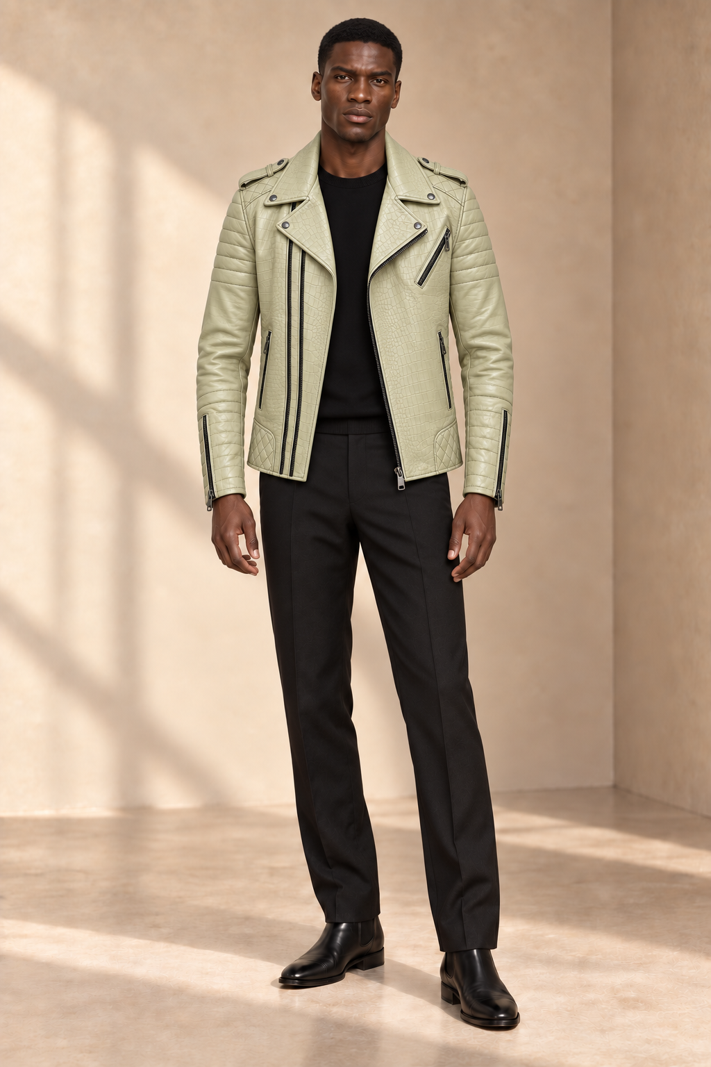 Perfecto Matelassé — Sauge croco — veste en cuir Maison Varenne