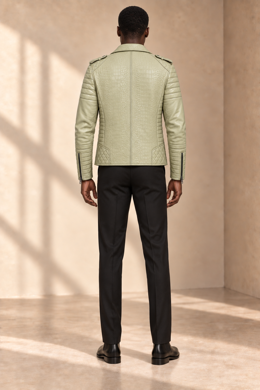 Perfecto Matelassé — Sauge croco — veste en cuir Maison Varenne