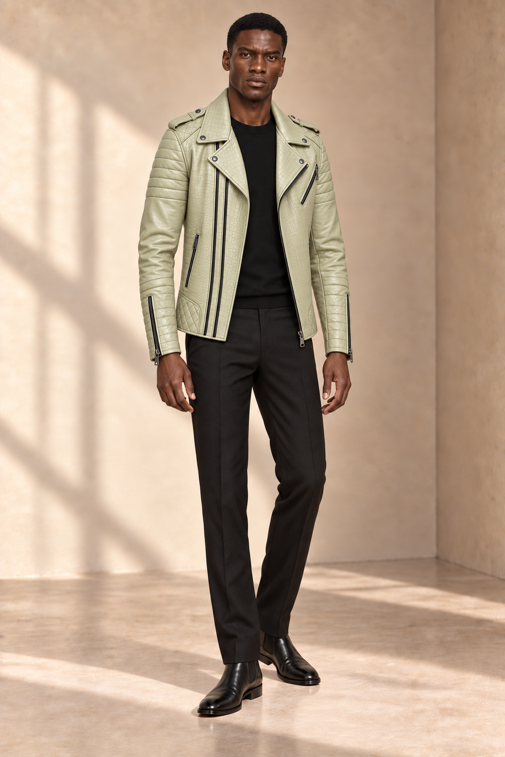 Perfecto Matelassé — Sauge croco — veste en cuir Maison Varenne