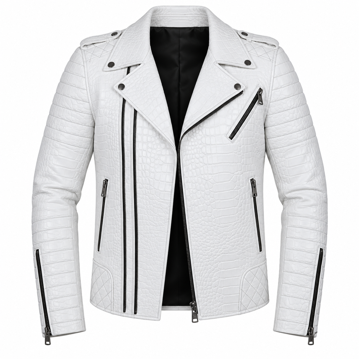 Perfecto Matelassé — Blanc croco — veste en cuir Maison Varenne