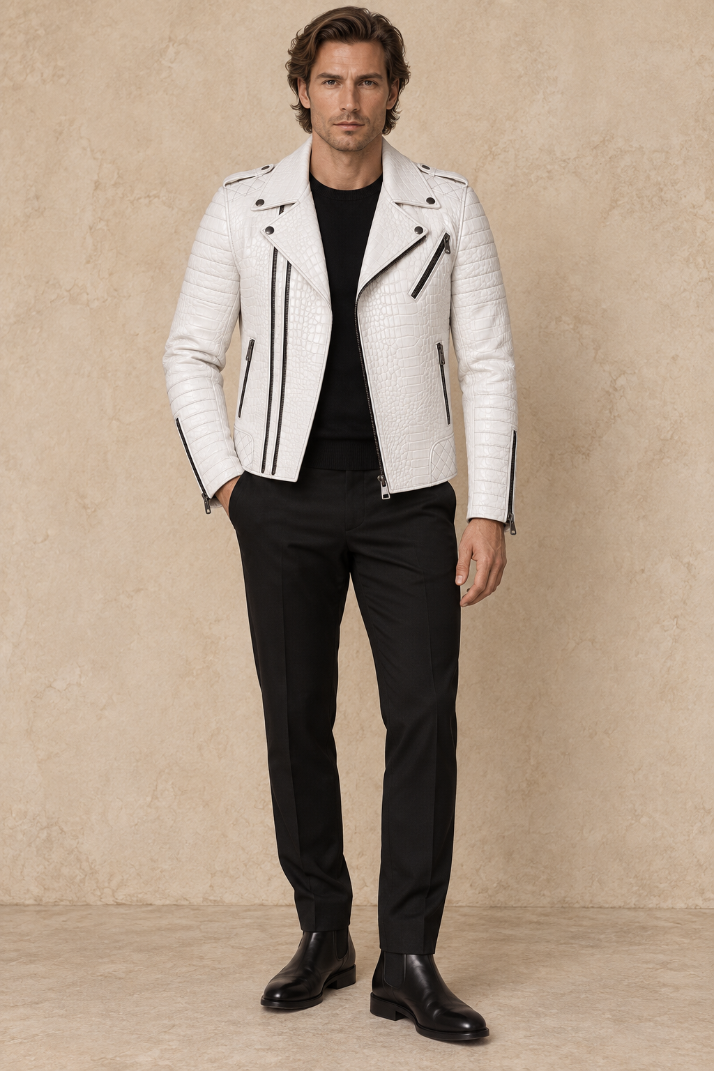 Perfecto Matelassé — Blanc croco — veste en cuir Maison Varenne