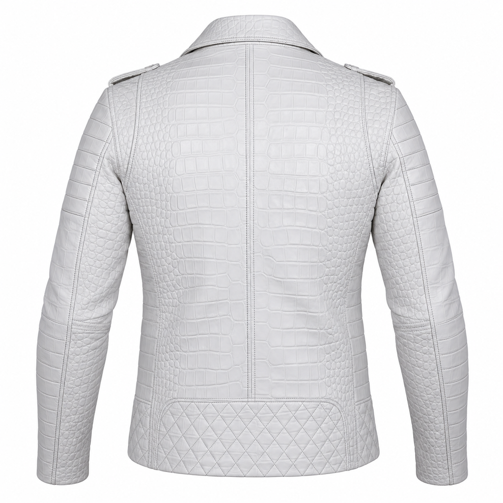 Perfecto Matelassé — Blanc croco — veste en cuir Maison Varenne