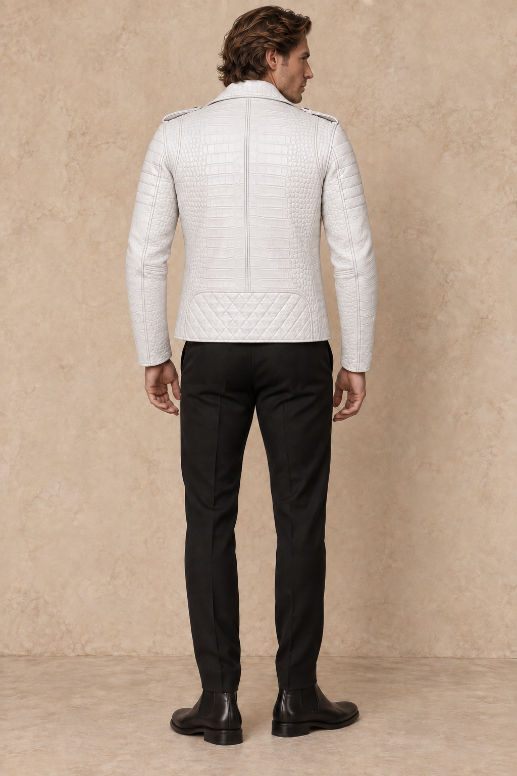 Perfecto Matelassé — Blanc croco — veste en cuir Maison Varenne