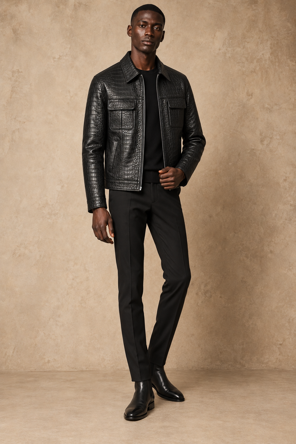 Veste Chemise Cuir — Noir croco — veste en cuir Maison Varenne