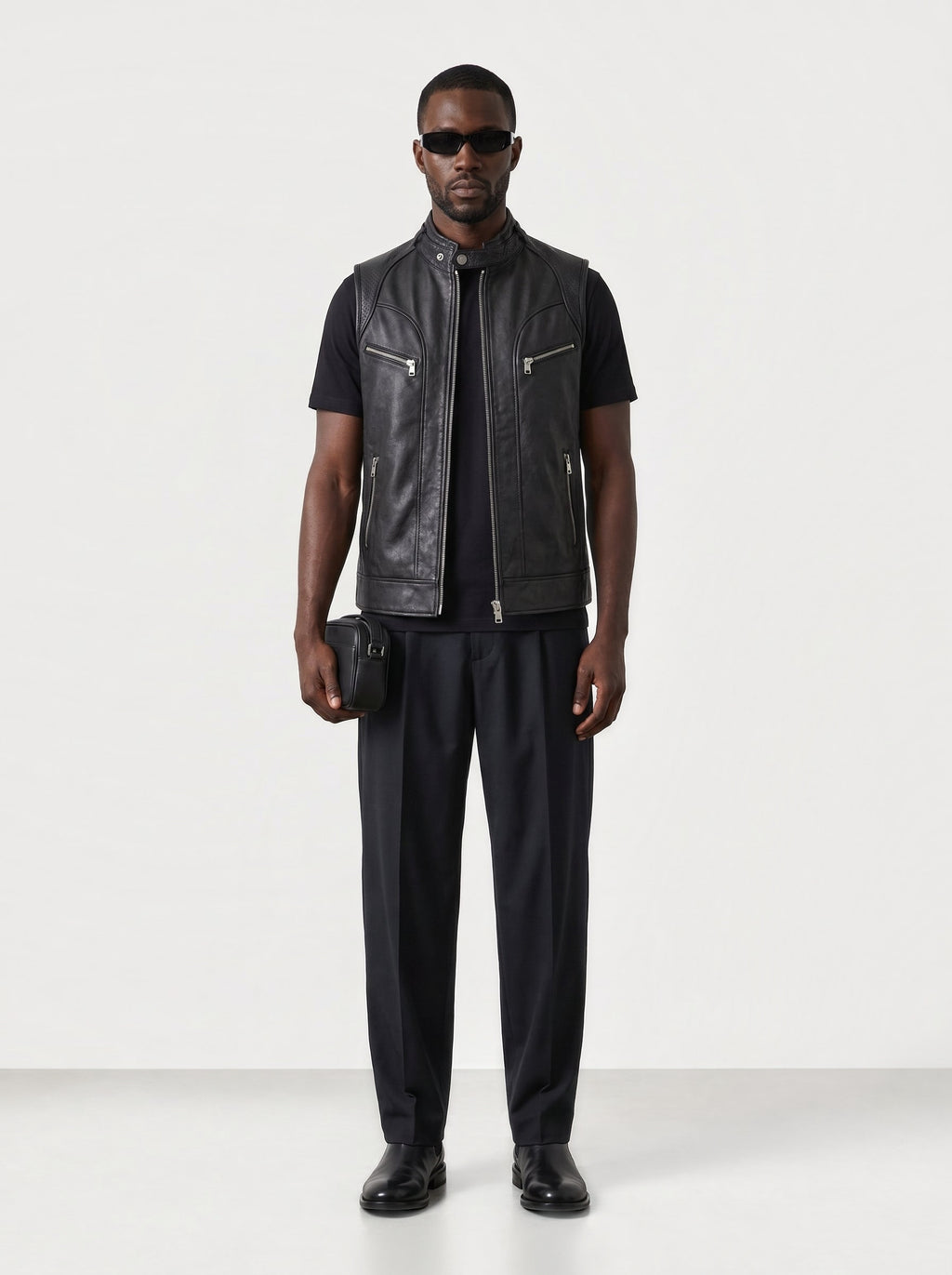 Men's black leather racer vest