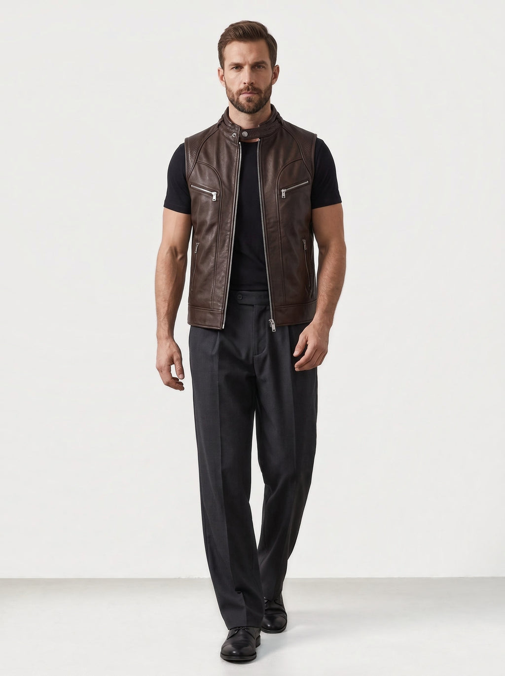 Men's brown leather racer vest