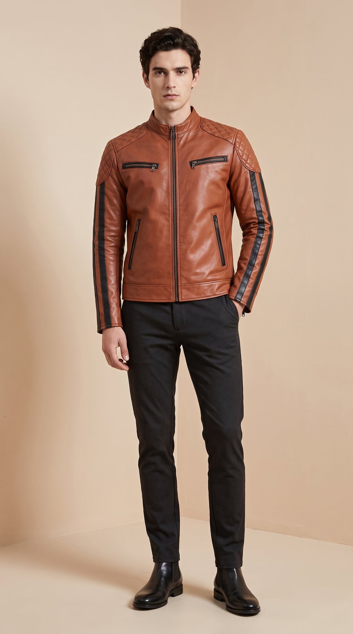 Racer en cuir d’agneau à bandes — Cognac — Varenne