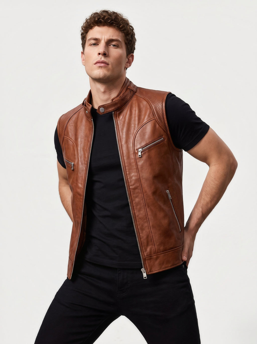 Men's cognac leather racer vest