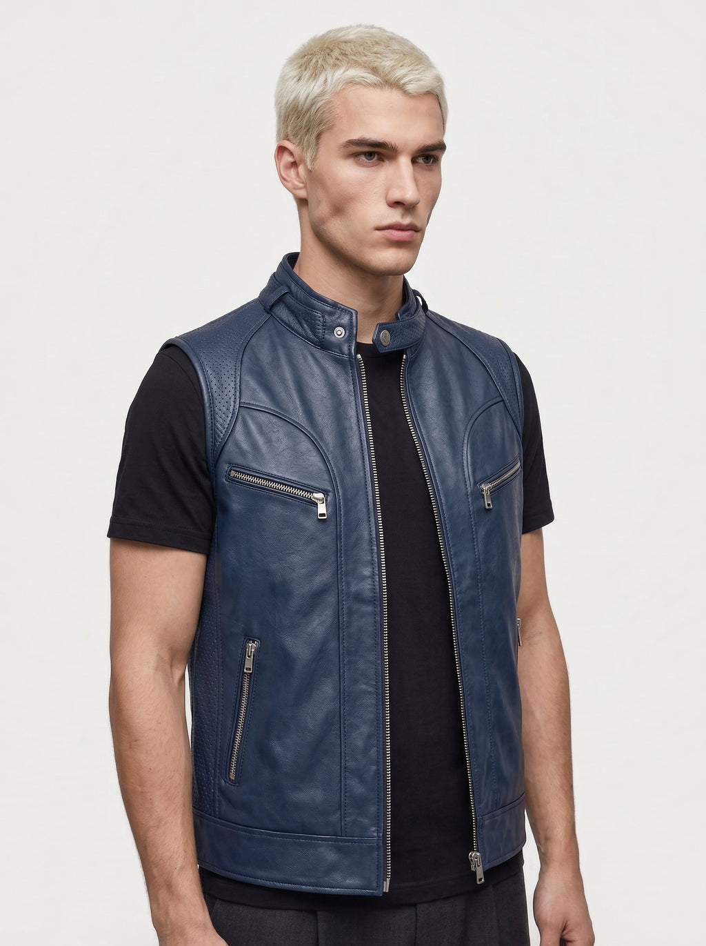 Gilet Racer en cuir Maison Varenne, coloris bleu nuit