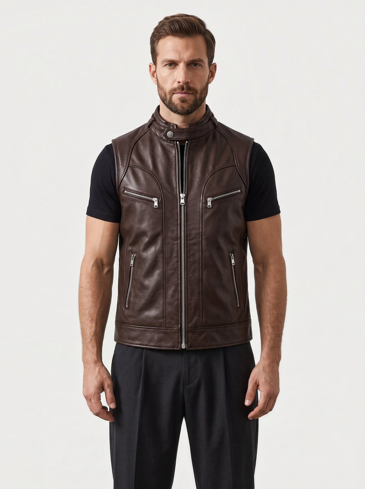 Gilet Racer en cuir Maison Varenne, coloris brun