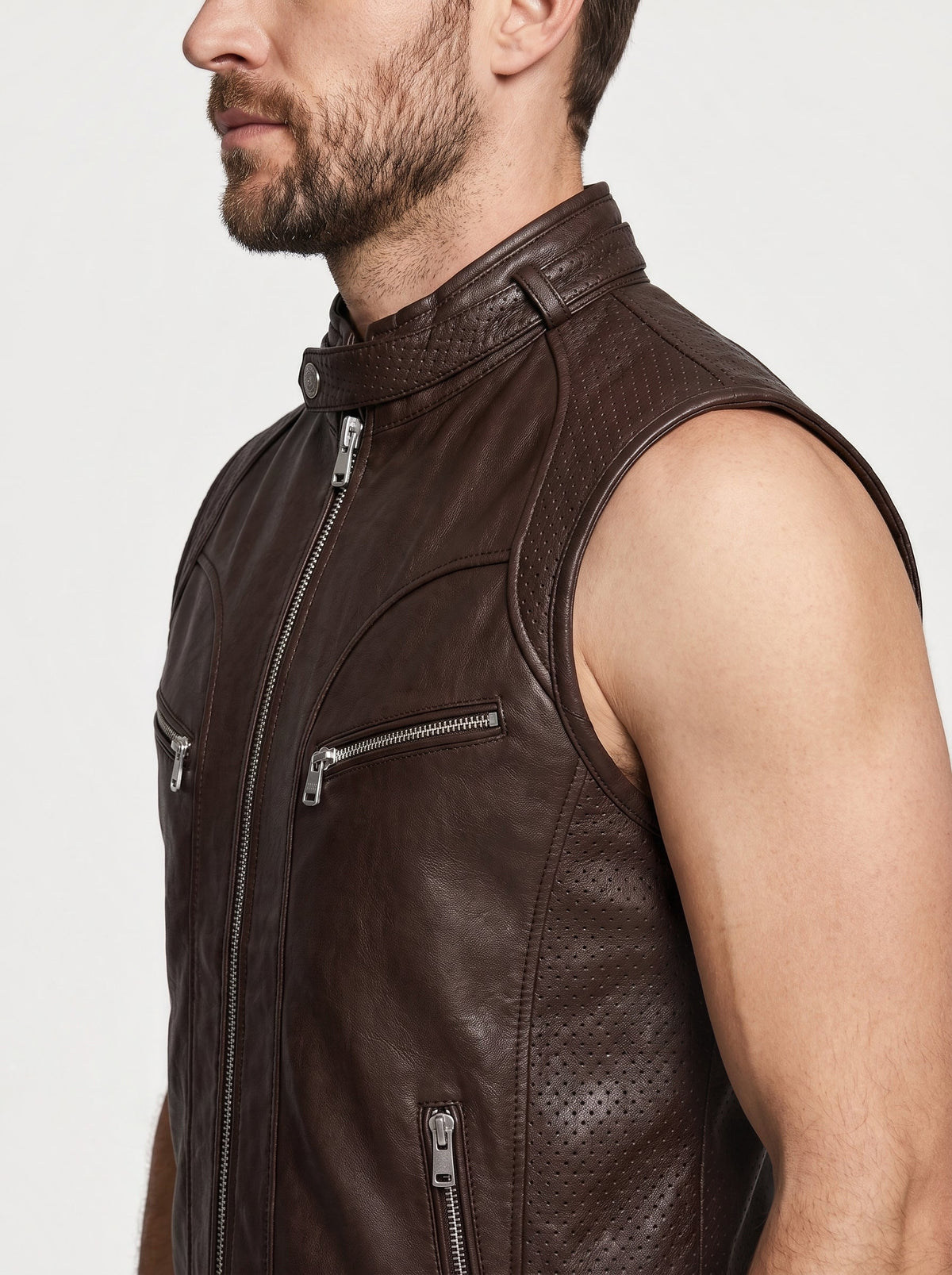 Gilet Racer en cuir Maison Varenne, coloris brun