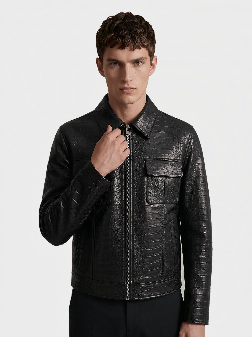 Men's black croc-effect lambskin leather overshirt, worn, close-up